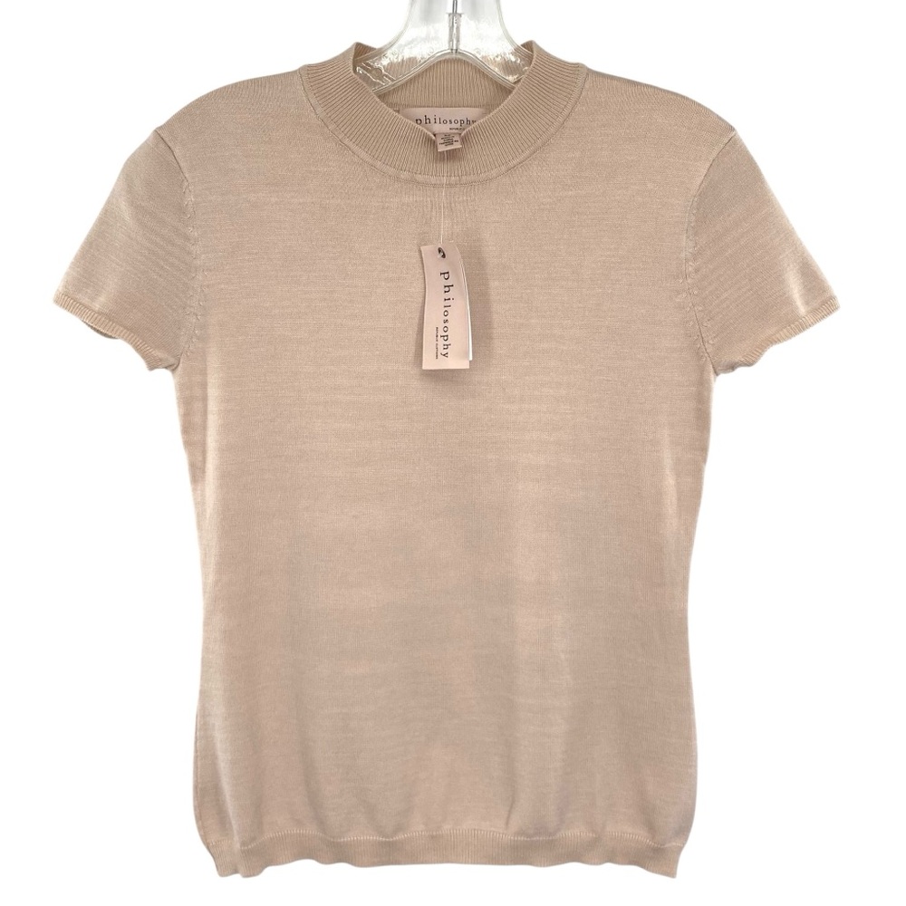 Philosophy Beige Mock Neck Knit Top Short Sleeve Sweater New
